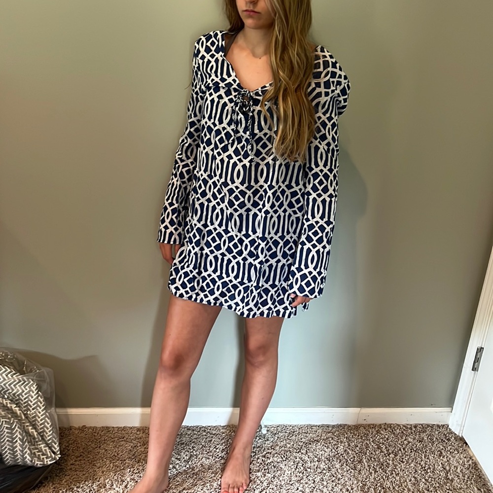 Mud Pie elegant cotton printed swim cover up. Navy and white.
